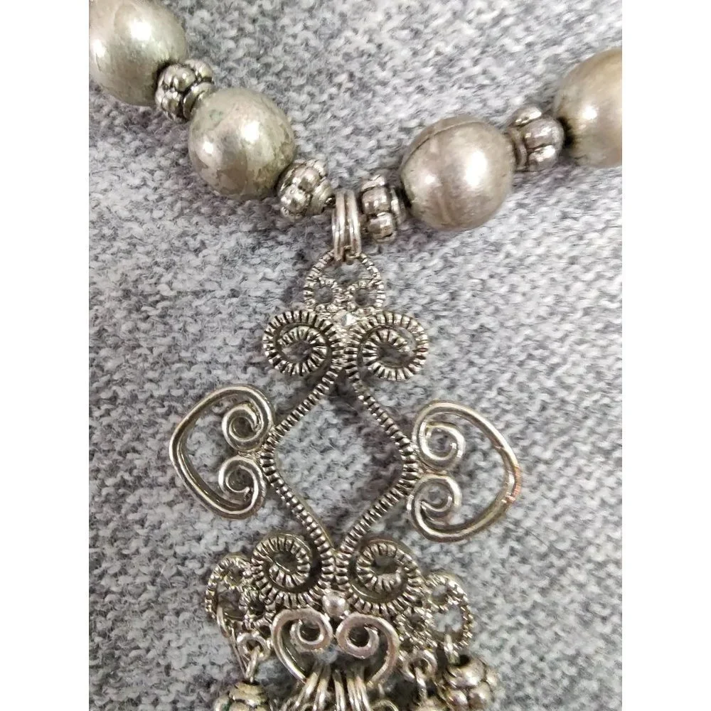 Stunning Silver Toned Wire and Beads Ornate Choker Earring Set Bisou Bisou - Picture 8 of 8